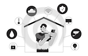 Smart home phone man black and white 2D illustration concept