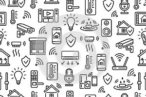 Smart home seamless pattern with flat line icons. Wireless home control background for websites and advertising