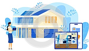 Smart home security connected and control technology system, devices through internet network, cartoon vector