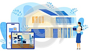 Smart home security connected and control technology system, devices through internet network, cartoon vector