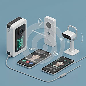 Smart home security setup featuring various devices on a blue surface