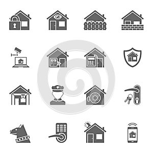 Smart home security system black icons set