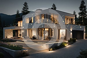 Smart Home Security System with Glowing Infographic Overlay