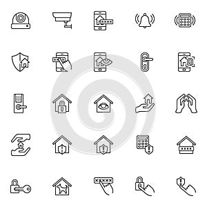 Smart home security system line icons set