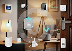 Smart home setup featuring interconnected devices. Includes a
