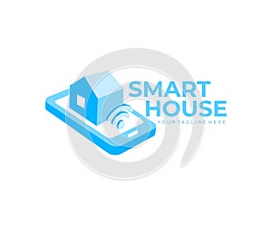 Smart home or smart house controlled by smartphone or mobile phone via app, logo design. Internet of things home automation system