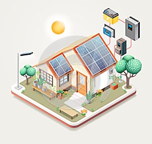 Smart home with solar panels isometric vector illustration