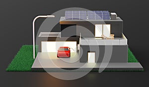 Smart home solar photovoltaic home Energy Saving Ecosystem Isometric Solar Home System Diagram solar energy 3d illustration