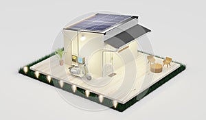 Smart home solar photovoltaic home Energy Saving Ecosystem Isometric Solar Home System Diagram solar energy 3d illustration