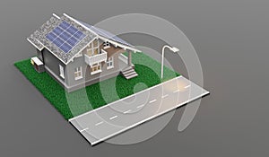 Smart home solar photovoltaic home Energy Saving Ecosystem Isometric Solar Home System Diagram solar energy 3d illustration