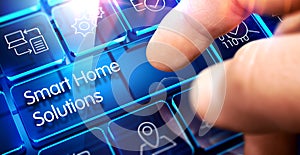 Smart Home Solutions - Text on the Blue Keyboard Transparent Key. 3D.