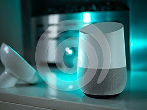Smart home speaker device lit with colour changing LED lamp light - Aquamarine