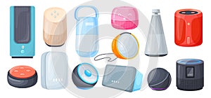 Smart home speaker. Wireless speakers connected voice assistant control, room audio system interacting network, iot