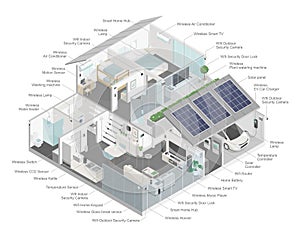 smart home system component diagram with solar cell energy and security technology isometric ecology technology