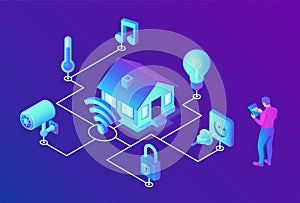 Smart home system concept. 3D isometric remote house control system. IOT concept. Smart home connection and control with