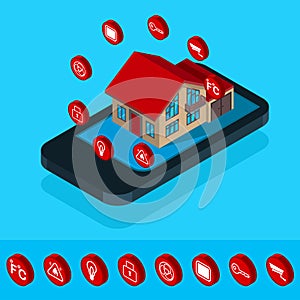 Smart home system concept. 3D isometric remote house control system. IOT concept. Smart home connection and control with