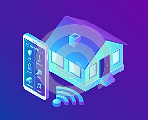 Smart home system concept. 3D isometric remote house control system. IOT concept. Smart home connection and control with devices