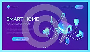 Smart home system concept. 3D isometric remote house control system. IOT concept. Smart home connection and control with devices