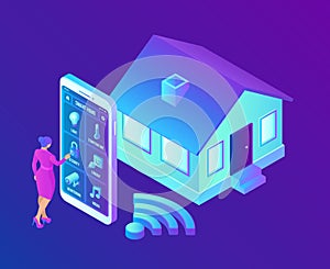 Smart home system concept. 3D isometric remote house control system. IOT concept. Smart home connection and control with devices