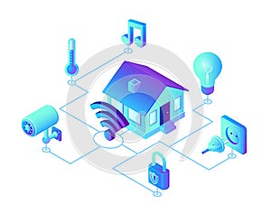 Smart home system concept. 3D isometric remote house control system. IOT concept. Smart home connection and control with devices