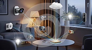 Smart home automation system displaying connected devices and data visualization in a living room