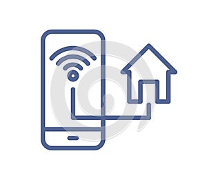 Smart home system for house remote control icon. Indoor monitoring through online app, wifi. Simple pictogram in line