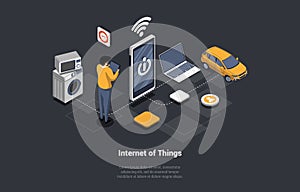 Smart Home Technologies And Internet Of Things and Machine Interface. Man Male Character Controls the Operation of