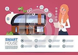 Smart Home Technology Banner With Womam Holding Digital Tablet Device With Control System photo