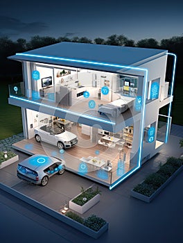 Smart home technology conceptual banner. Building consists digits and connected with icons of domestic smart devices
