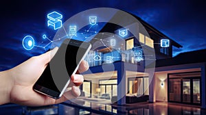 Smart home technology conceptual banner. Building consists digits and connected with icons of domestic smart devices