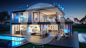 Smart home technology conceptual banner. Building consists digits and connected with icons of domestic smart devices