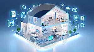 Smart home technology conceptual banner. Building consists digits and connected with icons of domestic smart devices