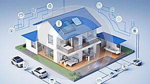 Smart home technology conceptual banner. Building consists digits and connected with icons of domestic smart devices