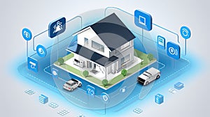 Smart home technology conceptual banner. Building consists digits and connected with icons of domestic smart devices