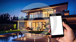 Smart home technology conceptual banner. Building consists digits and connected with icons of domestic smart devices