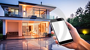 Smart home technology conceptual banner. Building consists digits and connected with icons of domestic smart devices