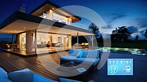 Smart home technology conceptual banner. Building consists digits and connected with icons of domestic smart devices