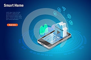 Smart home technology control digital household appliances on smartphone app. Intelligent wireless application online connecting