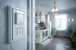 Smart home technology control panel close up in a modern interior design setting