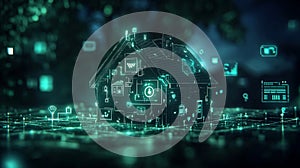 Smart Home Technology Digital House Network System Futuristic Green Modern Design Illustration IoT Data Things