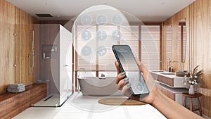 Smart home technology interface on phone app, augmented reality, internet of things, interior design of bathroom with connected