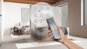 Smart home technology interface on phone app, augmented reality, internet of things, interior design of bathroom with connected