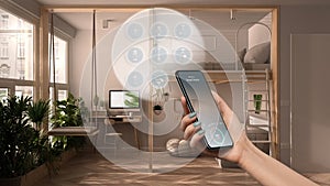 Smart home technology interface on phone app, augmented reality, internet of things, interior design of bedroom with connected