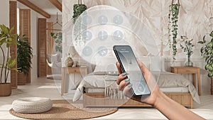Smart home technology interface on phone app, augmented reality, internet of things, interior design of boho bedroom with