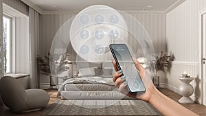 Smart home technology interface on phone app, augmented reality, internet of things, interior design of classic bedroom with