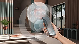 Smart home technology interface on phone app, augmented reality, internet of things, interior design, colored living room,