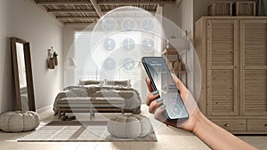 Smart home technology interface on phone app, augmented reality, internet of things, interior design of cosyl bedroom with