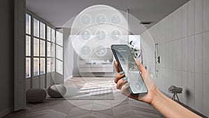 Smart home technology interface on phone app, augmented reality, internet of things, interior design of cozy bathroom with