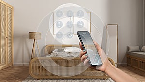 Smart home technology interface on phone app, augmented reality, internet of things, interior design of cozy bedroom with