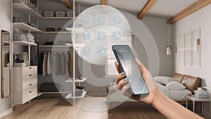 Smart home technology interface on phone app, augmented reality, internet of things, interior design of cozy bedroom with walk-in